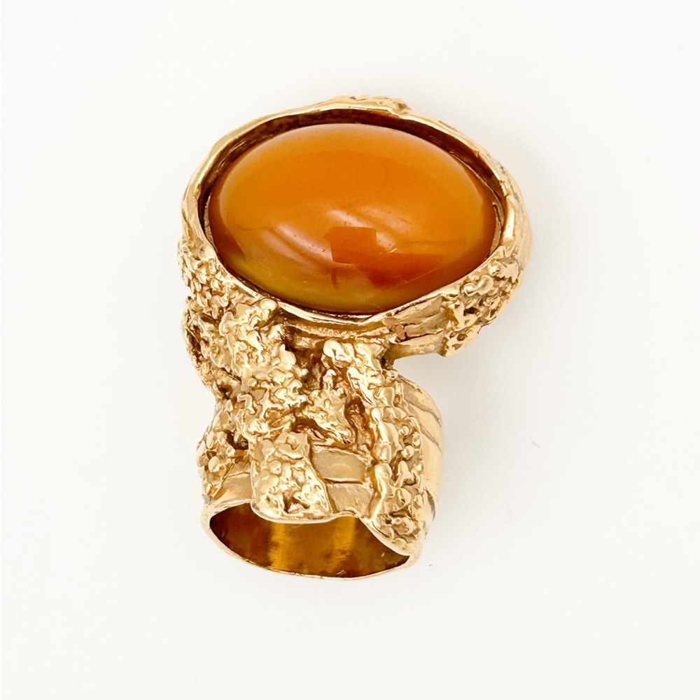 Yves Saint Laurent Arty Ring US 6 Gold Tone Amber Cabochon Stone Cocktail